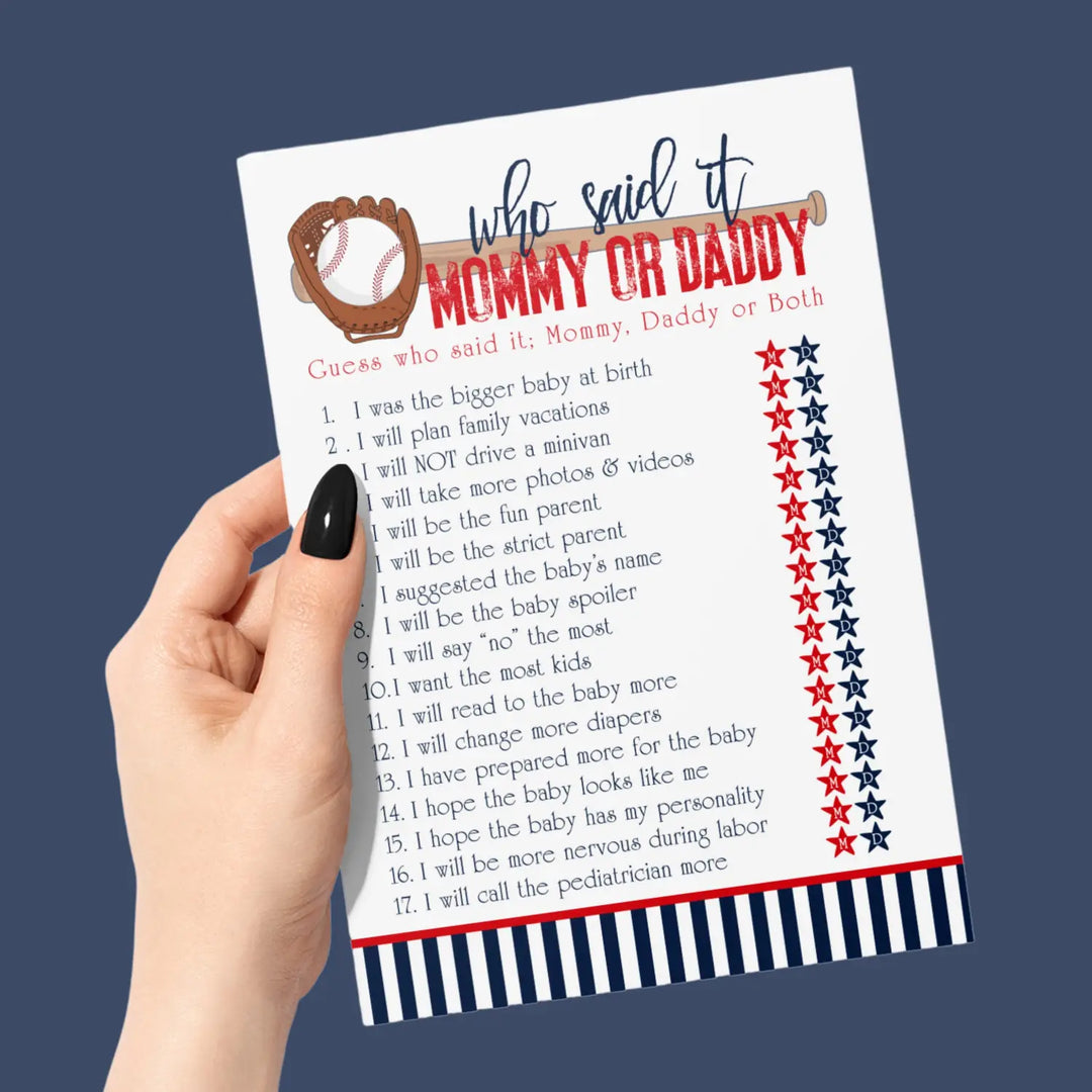 Baseball Mommy or Daddy Baby Shower Game - 25 Pack Guess Who Activity Cards, Sports Themed Red and Blue Gender Reveal, Printed 5x7 Set