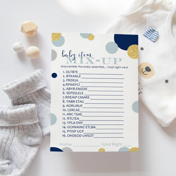 Navy & Gold Baby Shower Games Boy - Word Scramble Cards, Fun Gender Reveal Ideas, Royal Prince Themes, 25 Pack