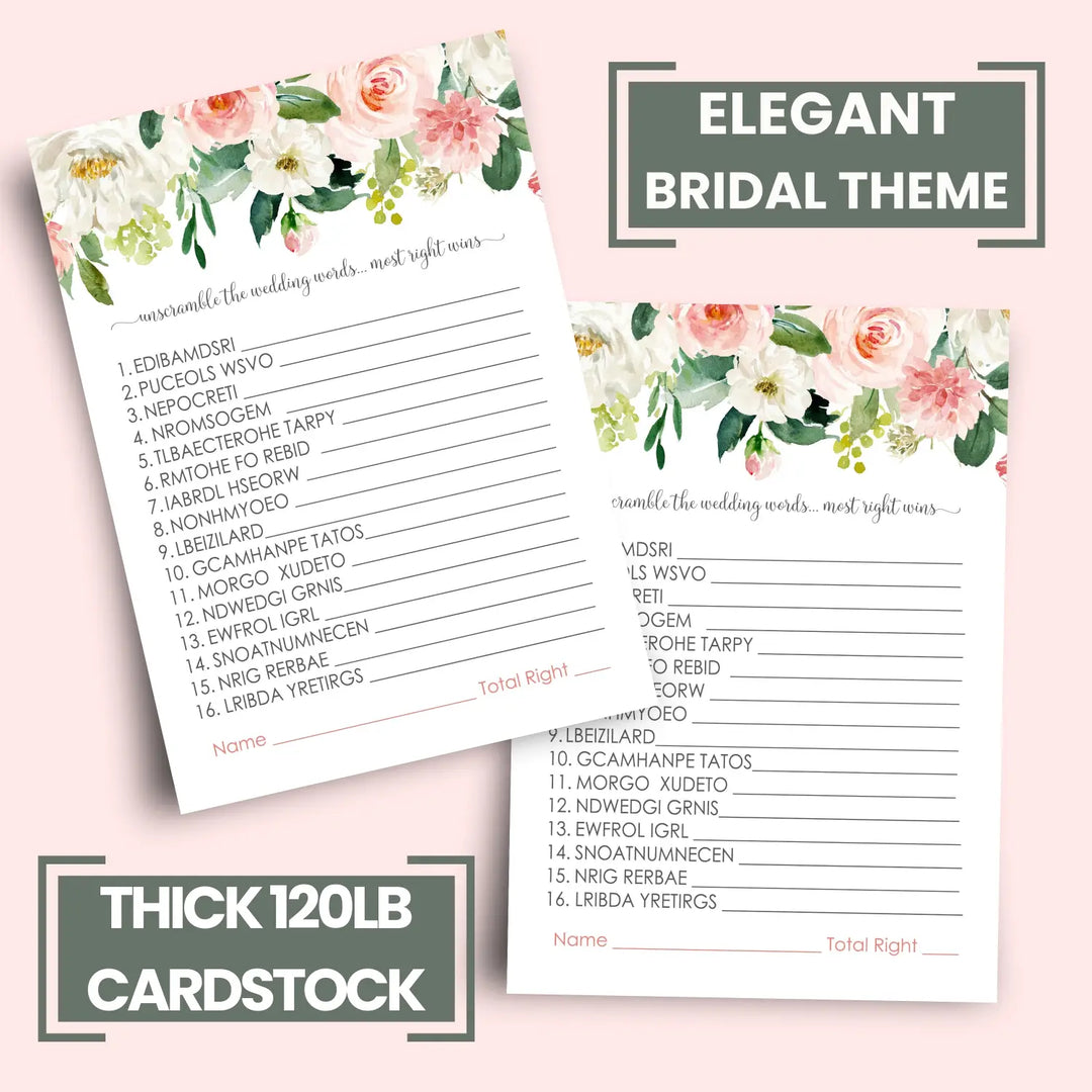 Graceful Floral Bridal Shower Games - 25 Cards - Wedding Word Scramble Game Fun Guess Activity for Guests Engagement Party, Rehearsal Dinner, Pink and Gold Greenery Design