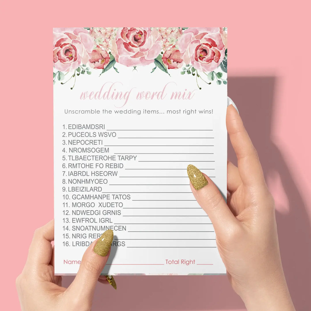 Charming Floral Floral Bridal Shower Games - 25 Cards - Wedding Word Scramble Game Fun Guess Activity for Guests Engagement Party, Rehearsal Dinner, Pink Greenery Design