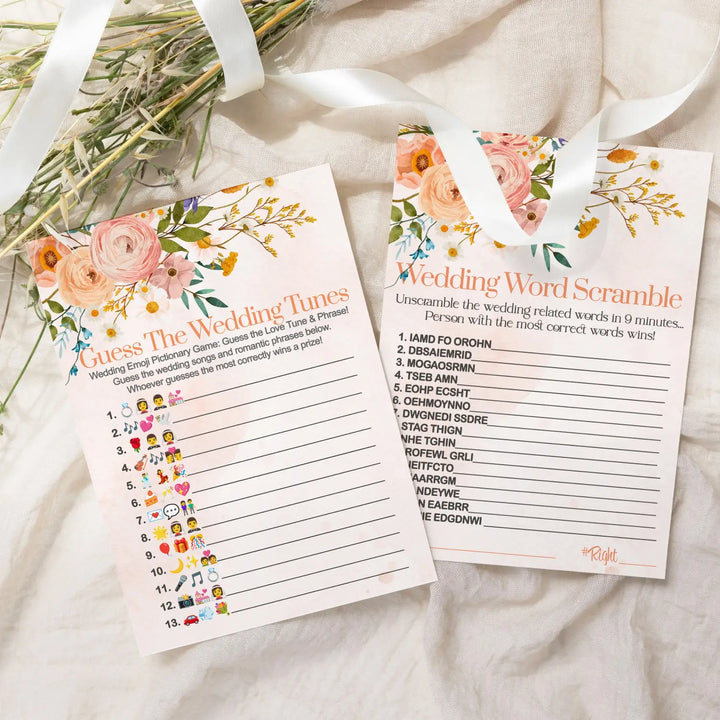 Boho Bridal Shower Games (25 Each) Wedding Song Pictionary and Word Scramble Fun Guess Activity for Guests Engagement Party, Rehearsal Dinner, Rustic Floral Design Double-Sided Cards, Bundle