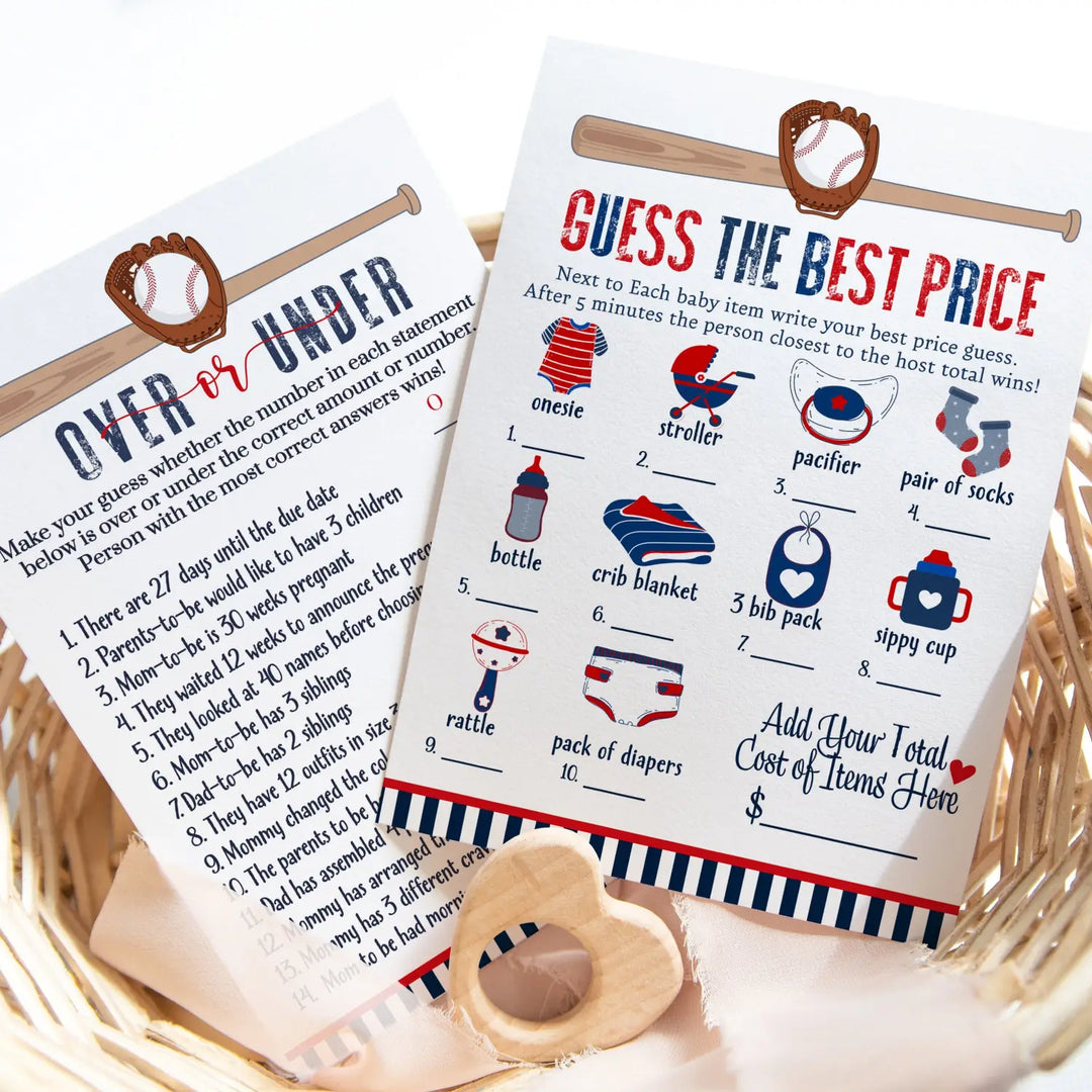 Home Run Baby Shower Game Set – Over or Under and Guess the Price Right 2 Pack of Baseball Themed Activities Ideas and Planning