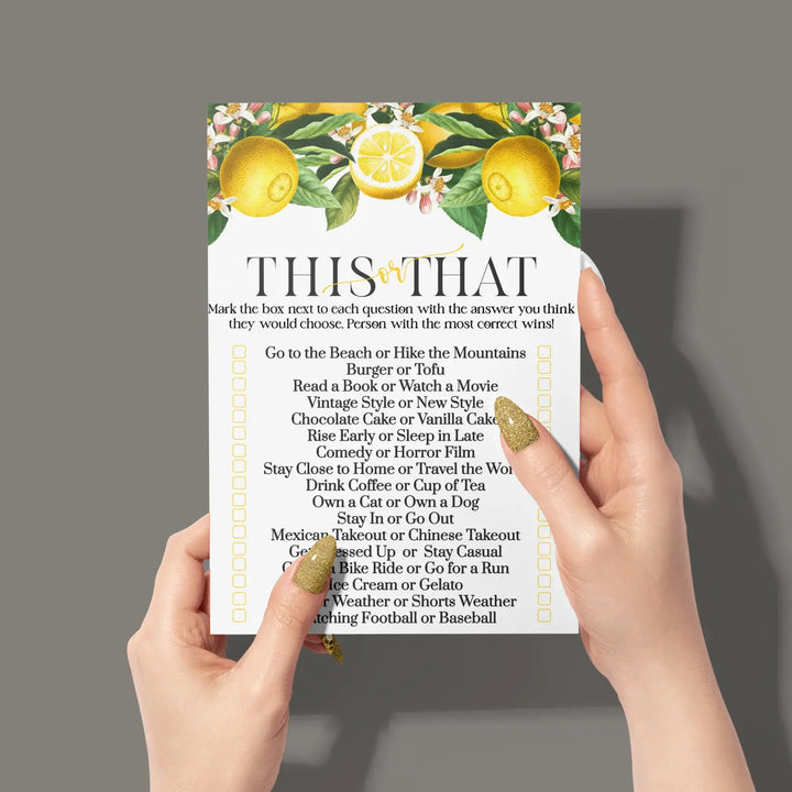 Lemon Bridal Shower Games - Would She Rather Bridal Shower Game, Fun This or That for Graduation Party, Rehearsal Dinner, Birthday Girl, Main Squeeze Design Botanicals, 25 Card Pack