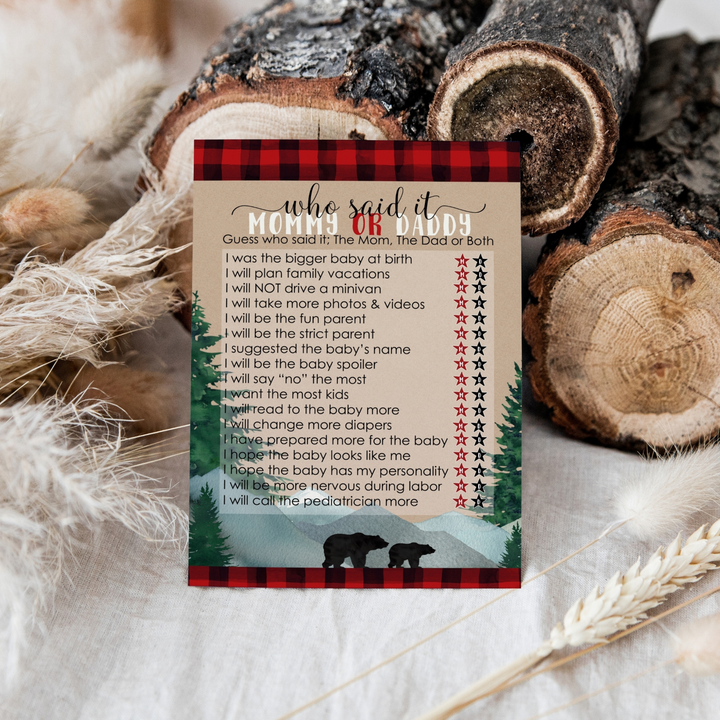 Lumberjack Mommy or Daddy Baby Shower Game 25 Guest Pack - Paper Clever Party