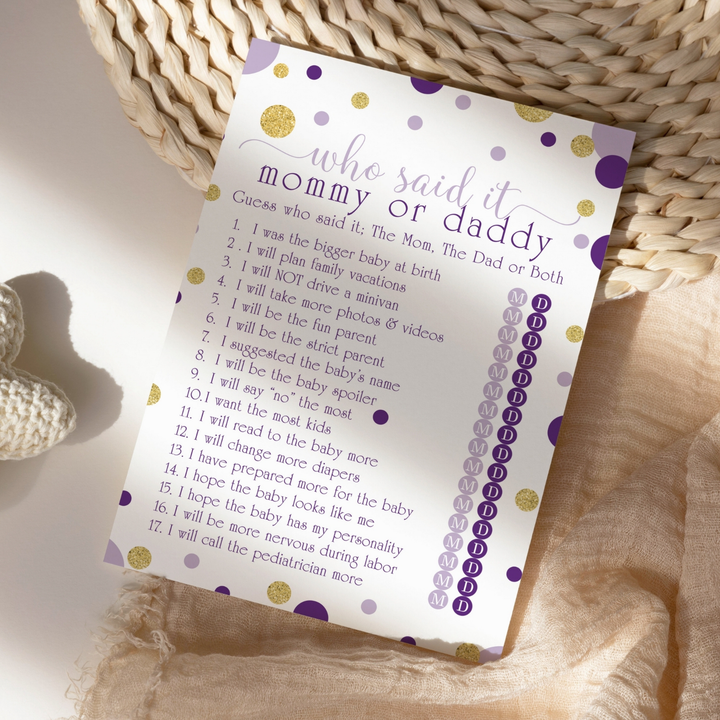 Purple and Gold Baby Shower Game 25 Guest Pack - Paper Clever Party