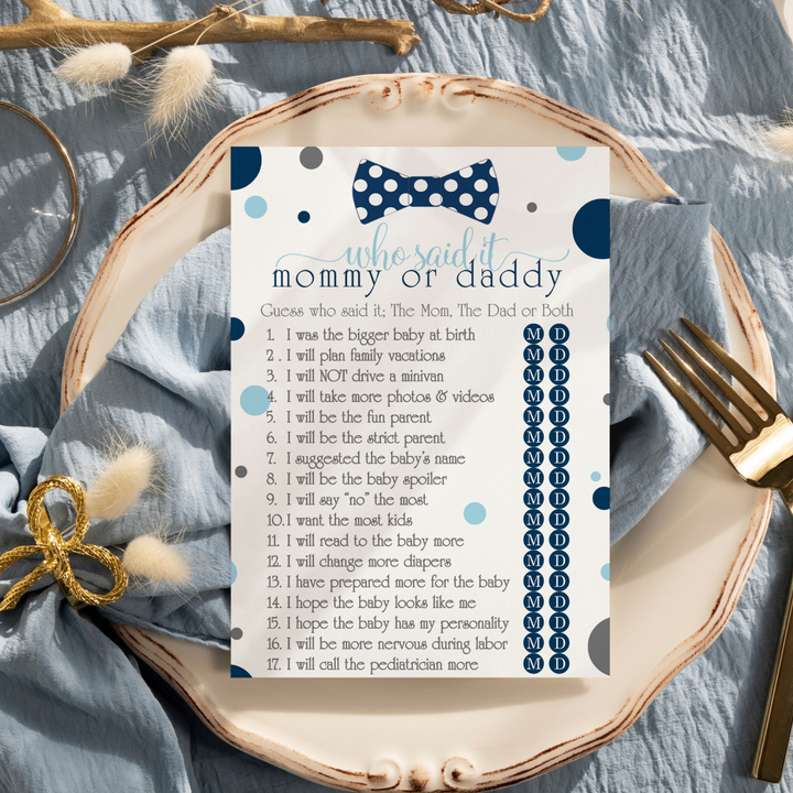 Bow Tie Mommy or Daddy Baby Shower Game 25 Guest Pack - Paper Clever Party