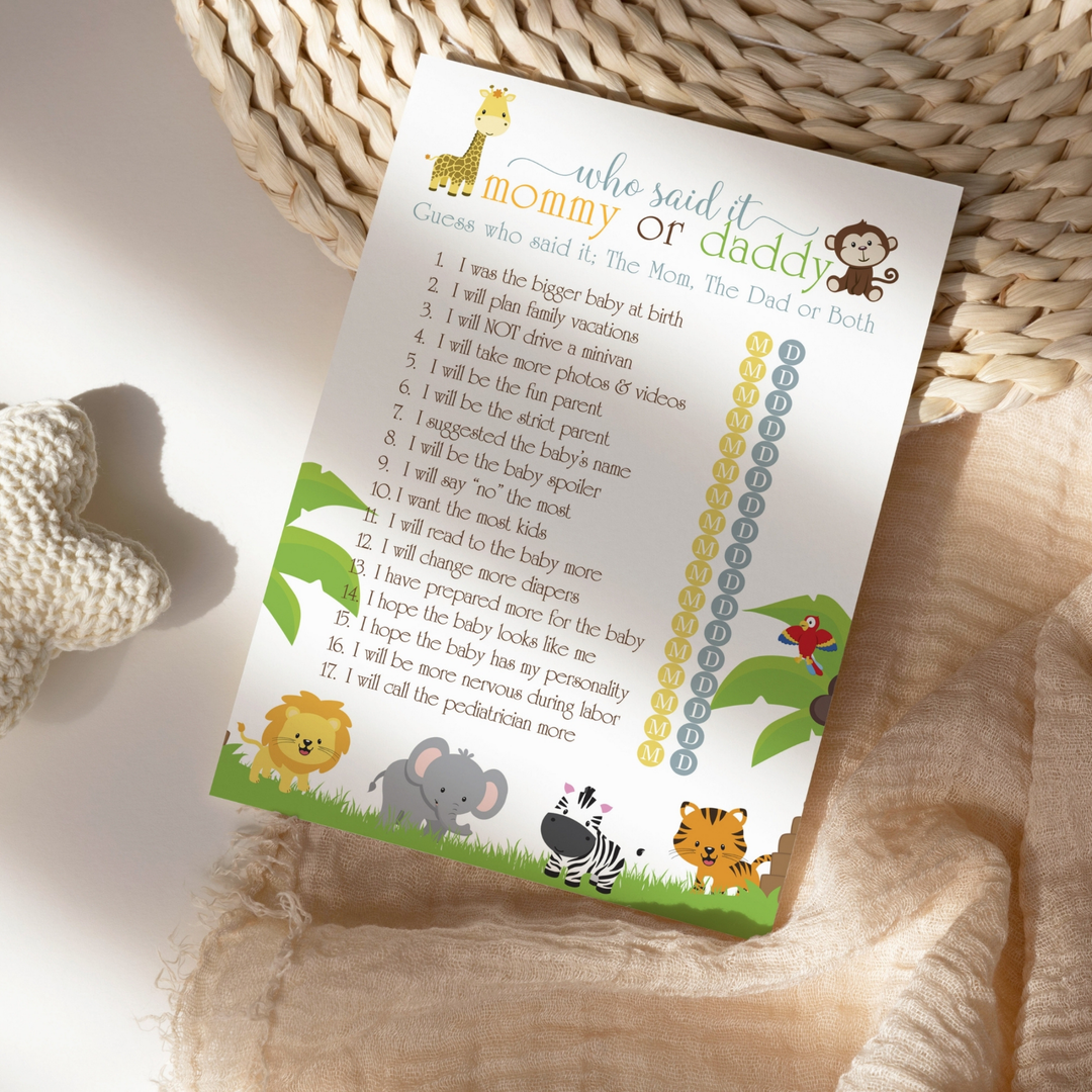 Cute Jungle Baby Shower Mommy or Daddy Game - Paper Clever Party