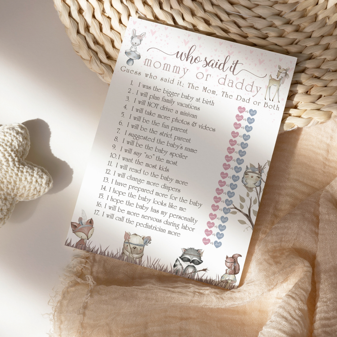 Girls Woodland Mommy or Daddy Baby Shower Game 25 Guest Pack - Paper Clever Party