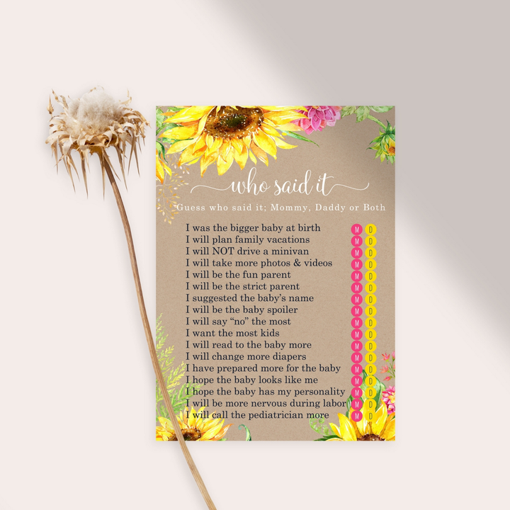 Sunflower Mommy or Daddy Baby Shower Game 25 Guest Pack - Paper Clever Party