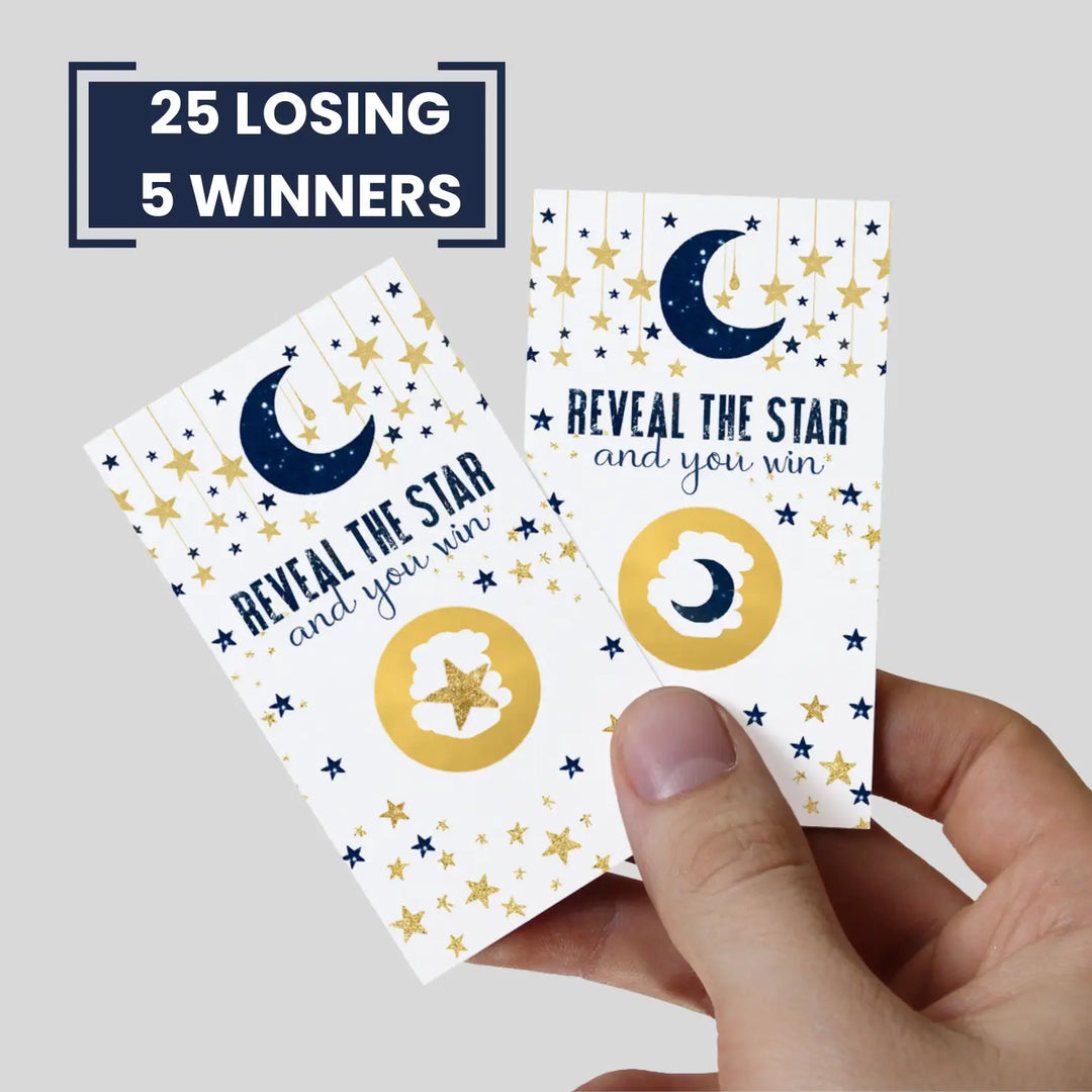 Twinkle Little Star Baby Shower Games for Boy - 30 Cards - Fun Scratch Off Game for Guest Prizes, Activities or Favors Ideas, Blue and Gold Theme