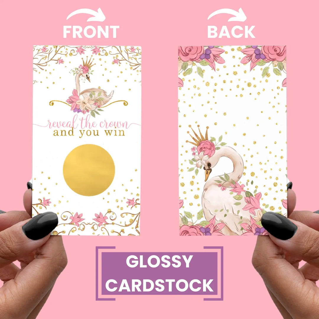 Swan Princess Baby Shower Games for Girl - 30 Cards - Fun Scratch Off Game Guest Activities to Reveal Prizes Favors Ideas Enchanting Theme Pink and Gold