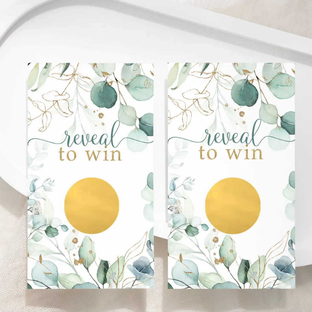 Bridal Shower Games - 30 Pack - Fun Scratch Off Raffle Cards Wedding Shower Game Engagement or Reception Ideas, Sage and Gold Eucalyptus Themes