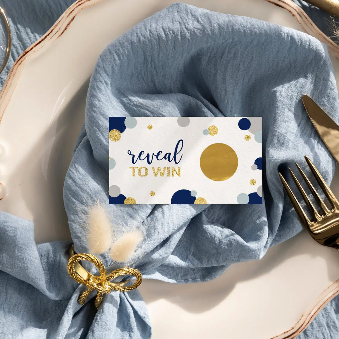 Blue & Gold Scratch-Off Game Cards (28 Pack) - Elegant for Bridal Showers, Baby Showers, Graduation, Retirement