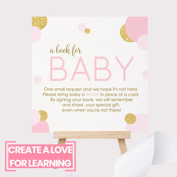 Pink and Gold Books for Baby Shower Request Cards