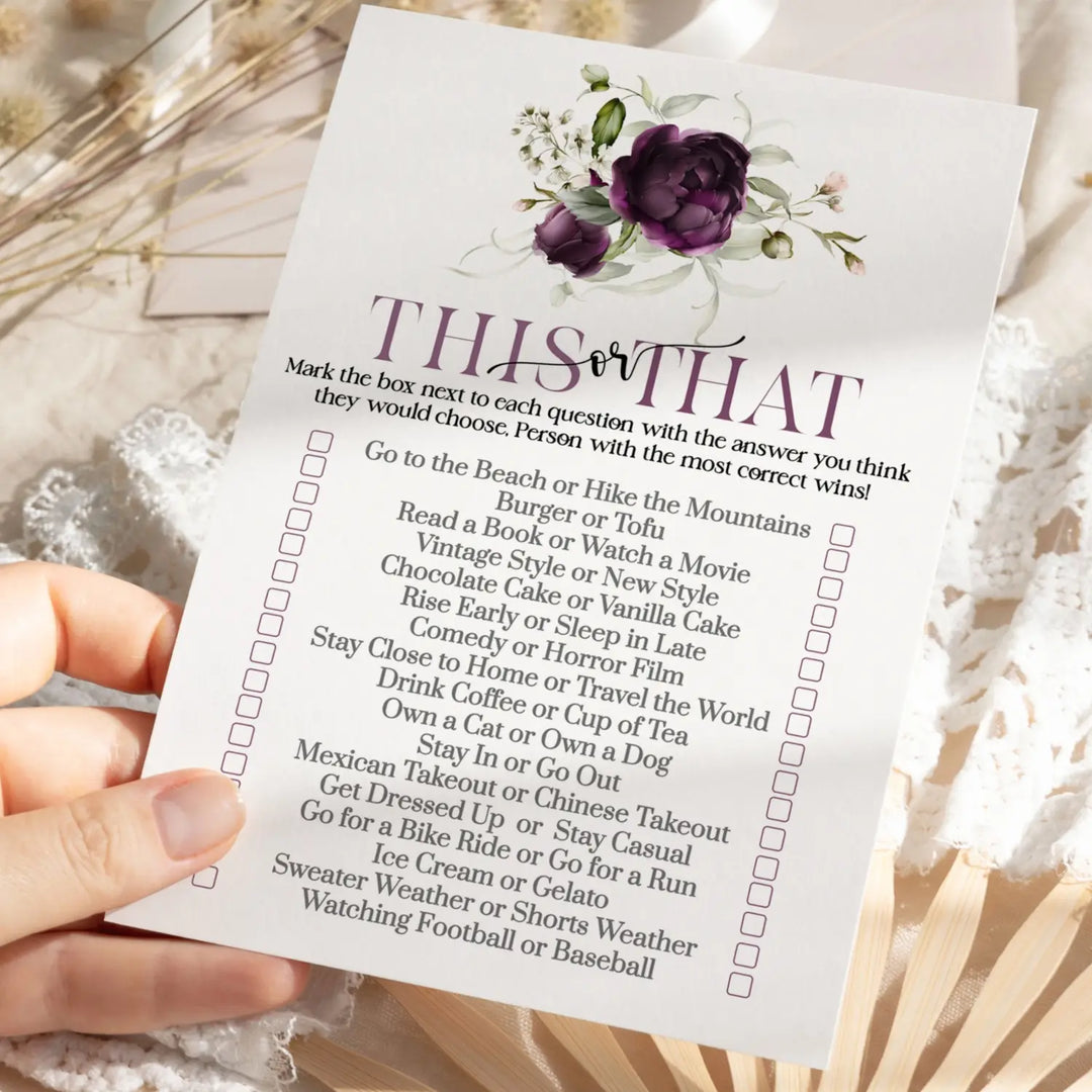 Purple Passion Bridal Shower Games - Would She Rather Bridal Shower Game, Fun This or That for Graduation Party, Rehearsal Dinner, Birthday Girl, Modern Floral Design, 25 Card Pack