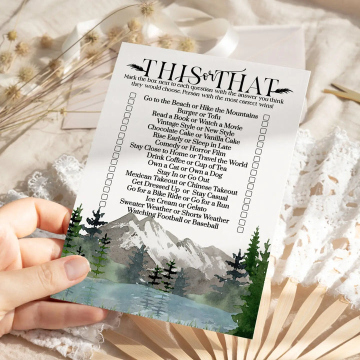 Adventure Bridal Shower Games - Would She Rather Bridal Shower Game, Fun This or That for Graduation Party, Rehearsal Dinner, Birthday Girl or Boy, Mountain Design, 25 Card Pack