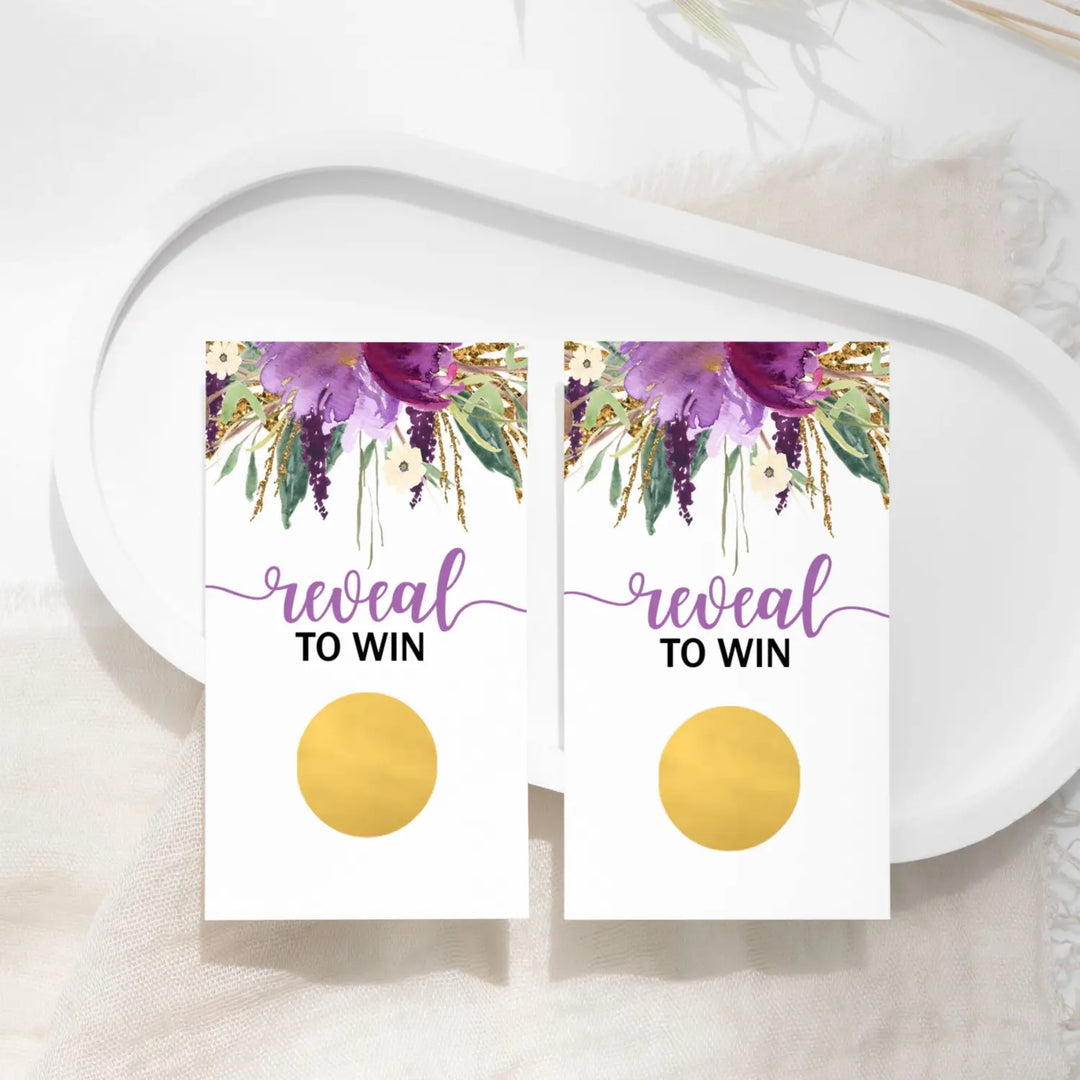 Purple Bridal Shower Games Boho - 28 Pack - Fun Scratch Off Raffle Cards Wedding Shower Game or Engagement Party Ideas, Rustic Floral Themes