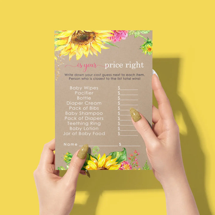 Sunflower guess the price baby shower games – 25 guests rustic fall flower themed activities for girls pink and yellow