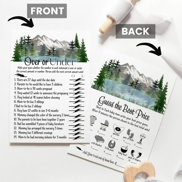 Adventure Awaits Baby Shower Game Set, Guess the Price and Over or Under - Mountain Theme, 5x7 Cards (25 ct)