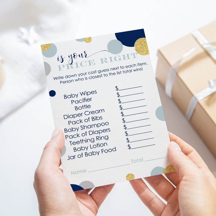 Navy & Gold Twinkle Little Star Baby Shower Game - Royal Prince Theme Price Guess, 25 Activity Cards - Paper Clever Party