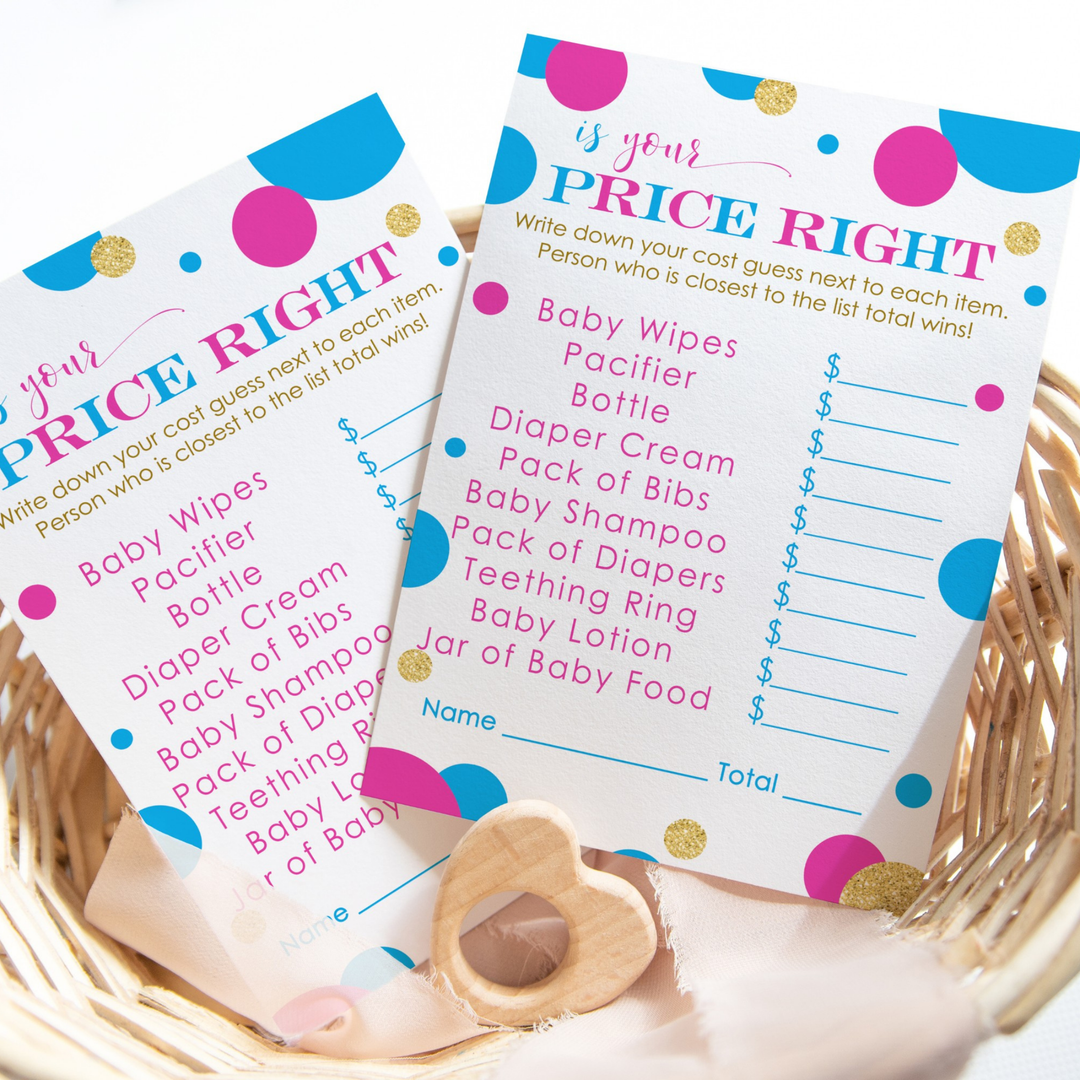 Pink or Blue Gender Reveal Baby Shower Game - Team Guess the Price, Abstract Dots, 25 Activity Cards - Paper Clever Party