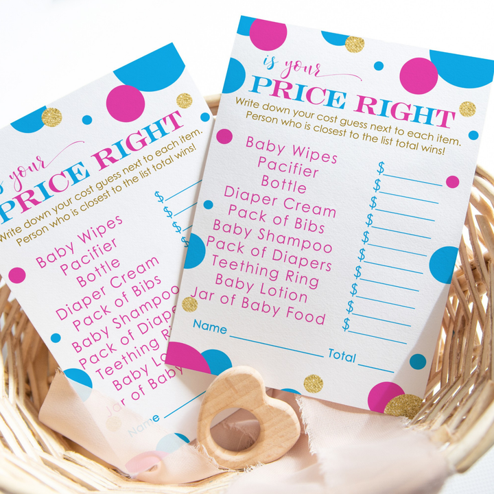 Pink or Blue Gender Reveal Baby Shower Game - Team Guess the Price, Abstract Dots, 25 Activity Cards - Paper Clever Party