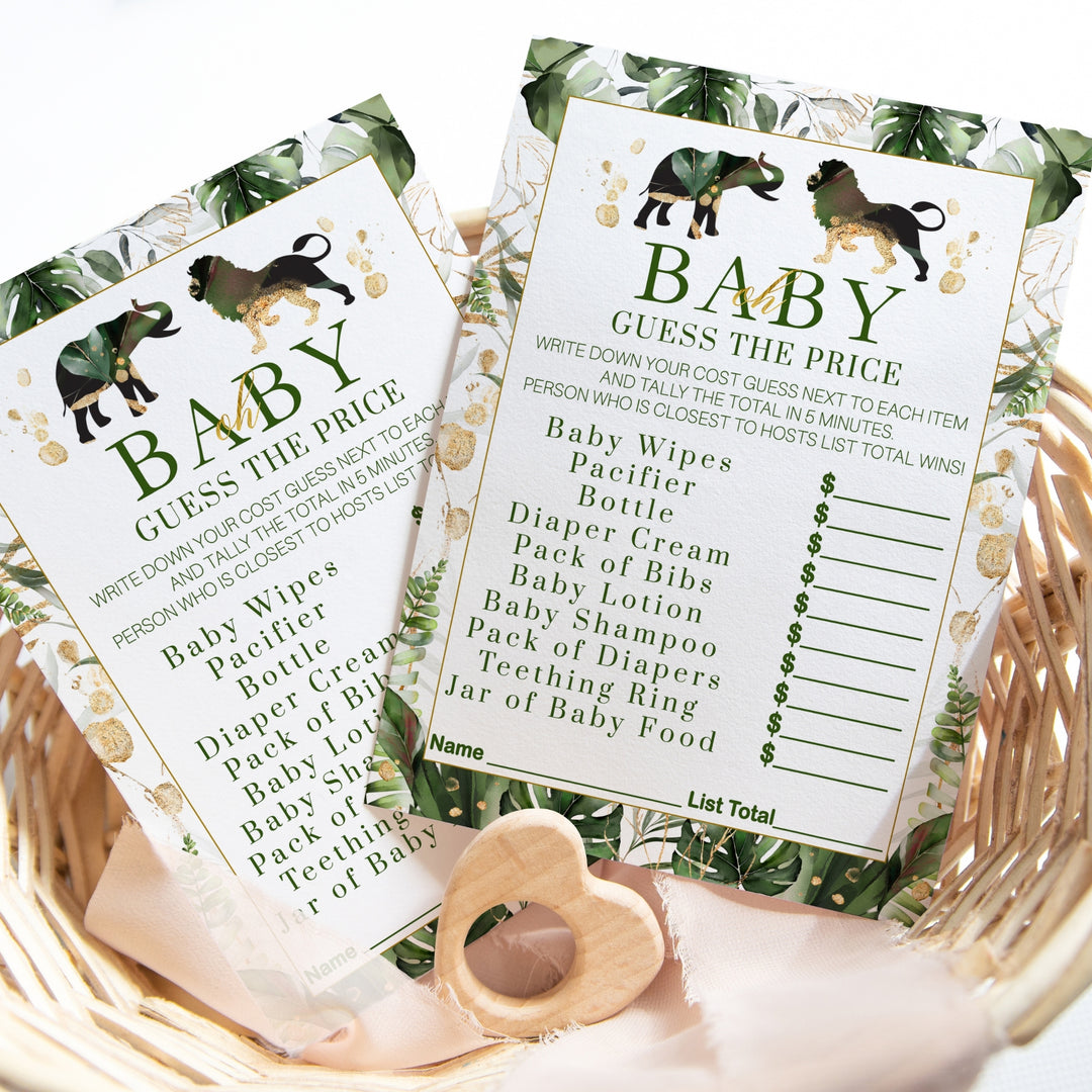 Safari-Themed Guess the Price Baby Shower Game - Tropical Jungle Design, 25 Cards, Greenery & Gold, 5x7 Inches - Paper Clever Party