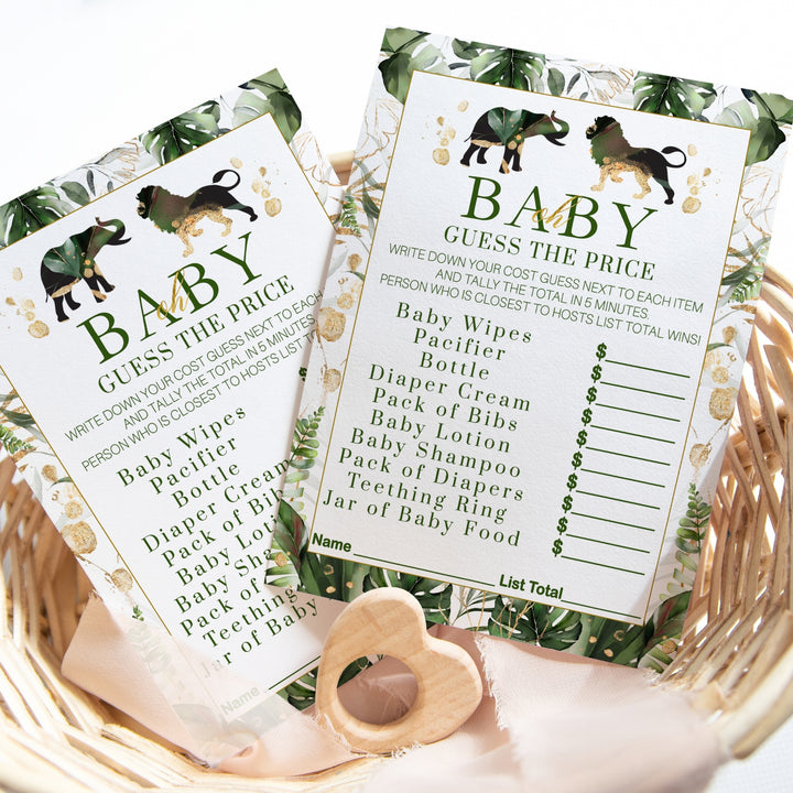 Safari-Themed Guess the Price Baby Shower Game - Tropical Jungle Design, 25 Cards, Greenery & Gold, 5x7 Inches - Paper Clever Party