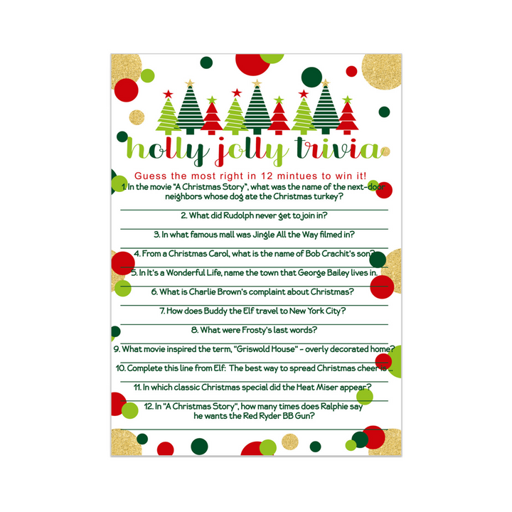 Jolly Trees Christmas Trivia Game Fun Party Activity with Holiday Movie and Song Questions for Adults, Office, Group, Thanksgiving, 25 Pack, 5x7 Cards, Version 3 - Paper Clever Party