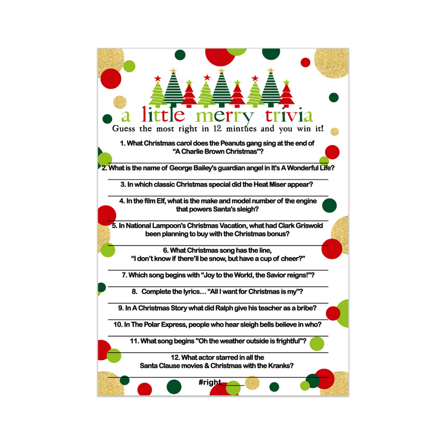 Jolly Trees Christmas Trivia Game Holiday Party Movie and Song Questions for Adults, Office, Group, Thanksgiving, Red and Green, 5x7 Cards, Version 4, 25 Pack - Paper Clever Party