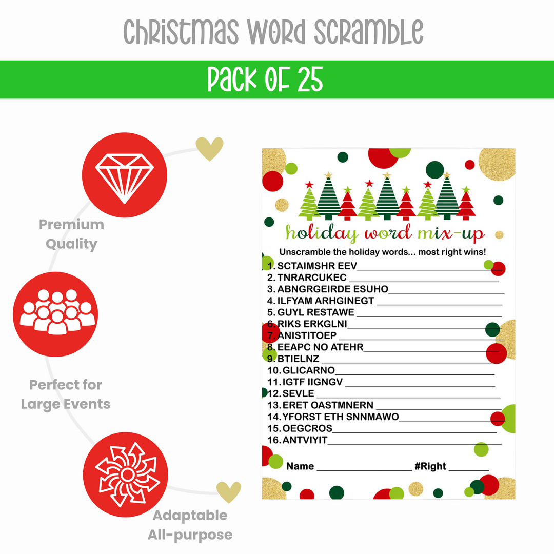 Jolly Trees Christmas Word Scramble Game, Holiday Unscramble Party Activity for Adults, Groups, Office, Red and Green, 25 Pack, 5x7 Cards - Paper Clever Party