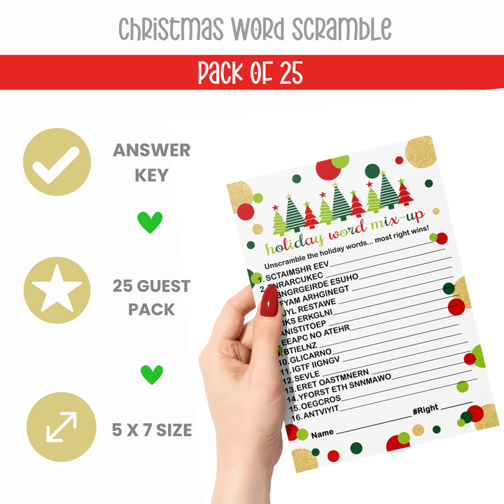 Jolly Trees Christmas Word Scramble Game, Holiday Unscramble Party Activity for Adults, Groups, Office, Red and Green, 25 Pack, 5x7 Cards - Paper Clever Party