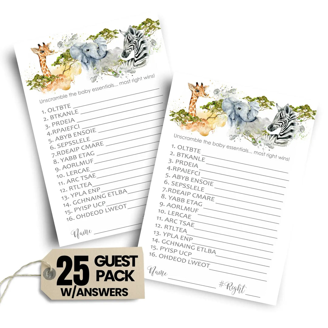 Jungle Animal Baby Shower Word Scramble - 25 Cards, Unscramble Gender Reveal Games for Guests, Safari Theme Decorations