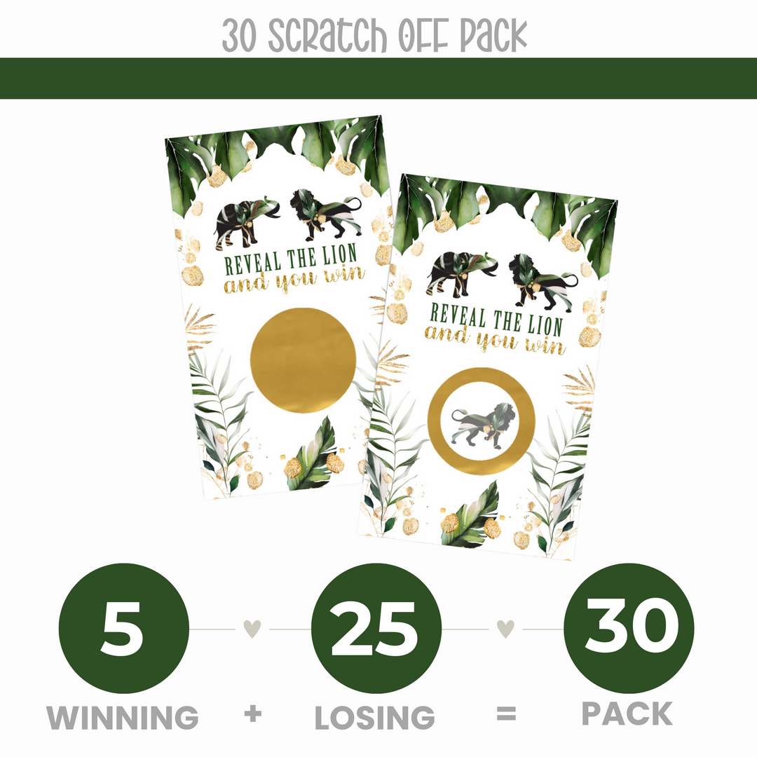 Tropical Jungle Scratch Off Game (30 Pack) - Elephant & Greenery, Gender Reveal, Royal Baby Shower Favors - Paper Clever Party