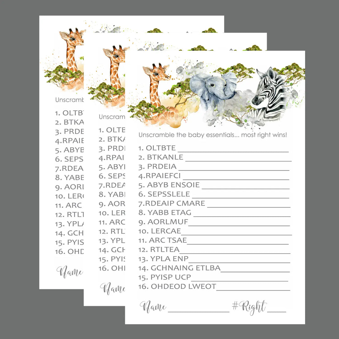 Jungle Animal Baby Shower Word Scramble - 25 Cards, Unscramble Gender Reveal Games for Guests, Safari Theme Decorations