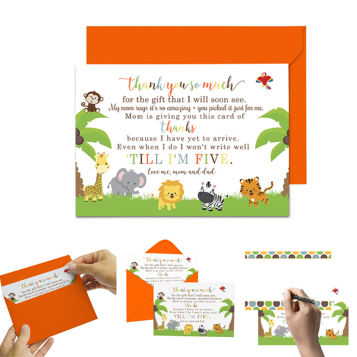 Cute Jungle Baby Shower Thank You Cards - Unisex (15 Pack) with Orange Envelopes, 4x6 - Paper Clever Party