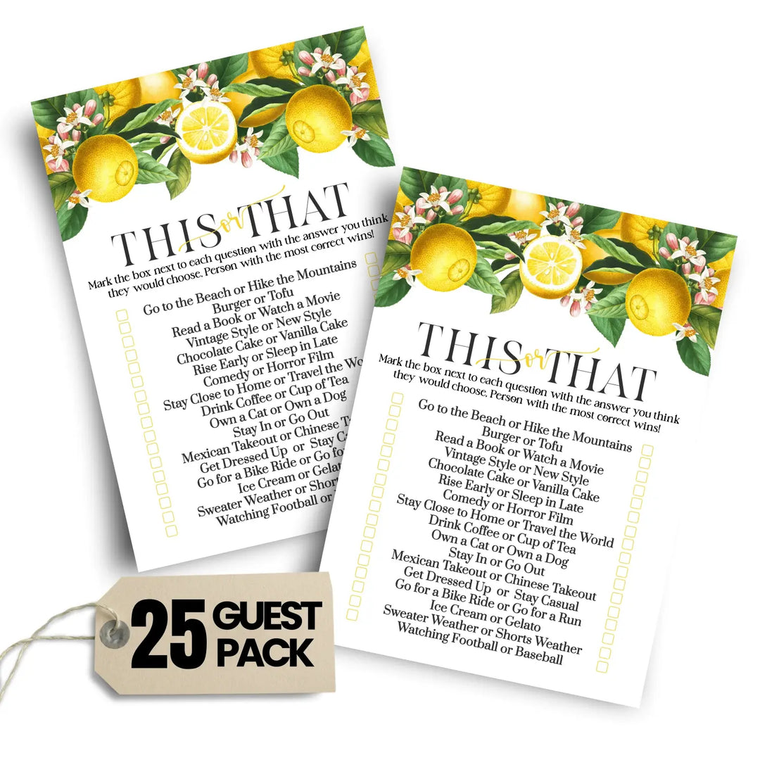 Lemon Bridal Shower Games - Would She Rather Bridal Shower Game, Fun This or That for Graduation Party, Rehearsal Dinner, Birthday Girl, Main Squeeze Design Botanicals, 25 Card Pack