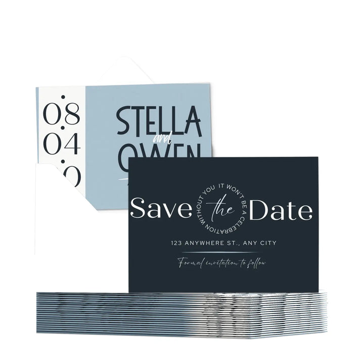 Custom Blue, Black, and White Save the Date Cards - Personalized 4x6 Inch Invitations with Elegant Typography and White Envelopes - Perfect for Weddings, Birthdays, and Showers