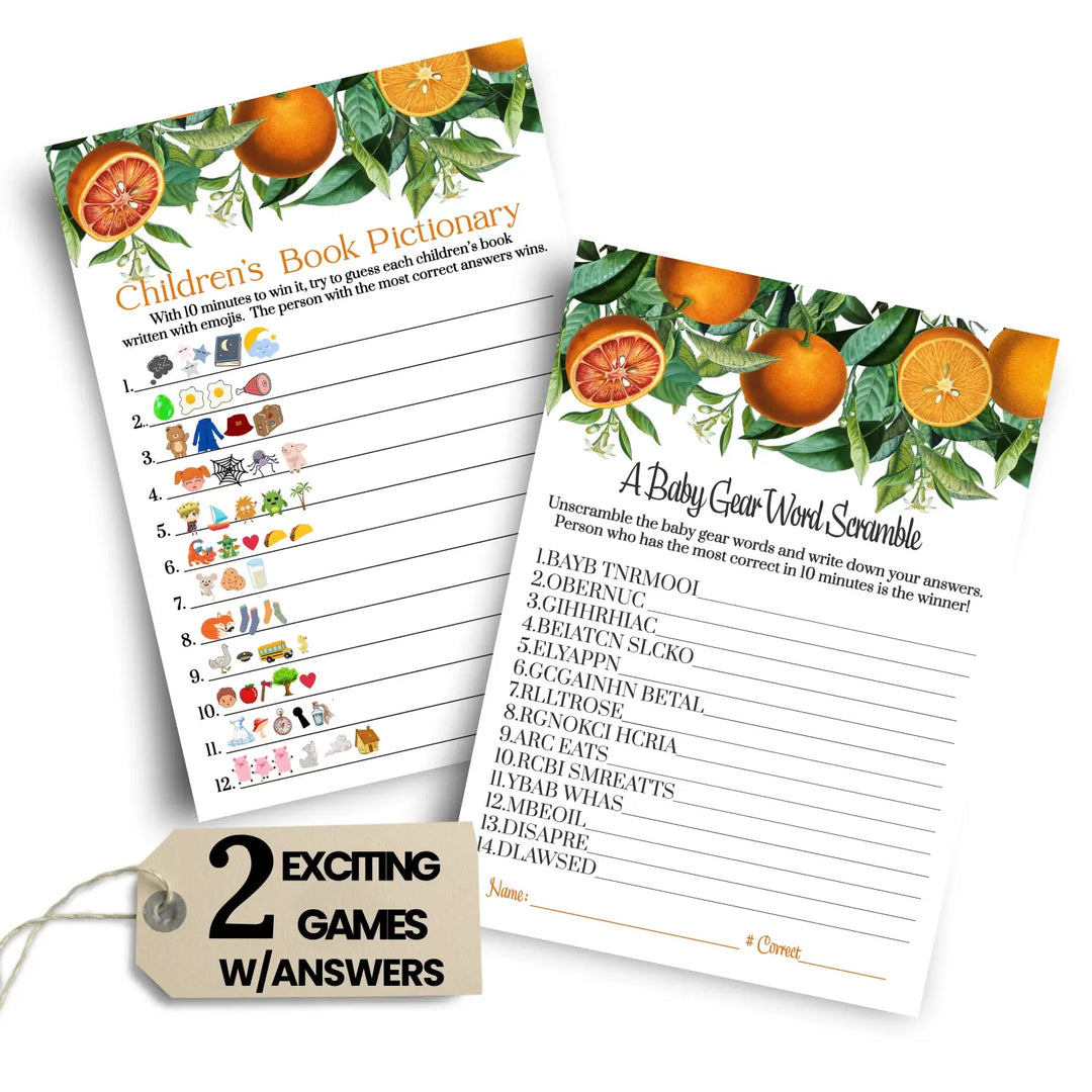 Orange Baby Shower Game Set, Word Scramble & Emoticon Storybook Guess, 5x7 Cards (25 ct)