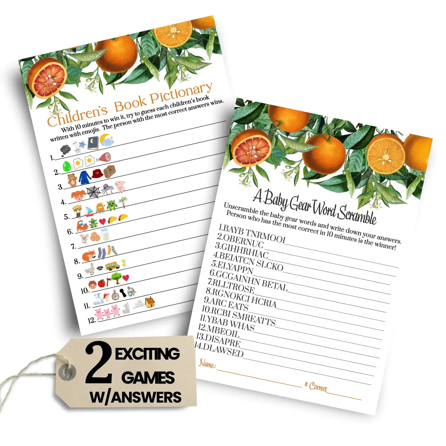 Orange baby shower game set word scramble & emoticon storybook guess 5x7 cards (25 ct) - party games