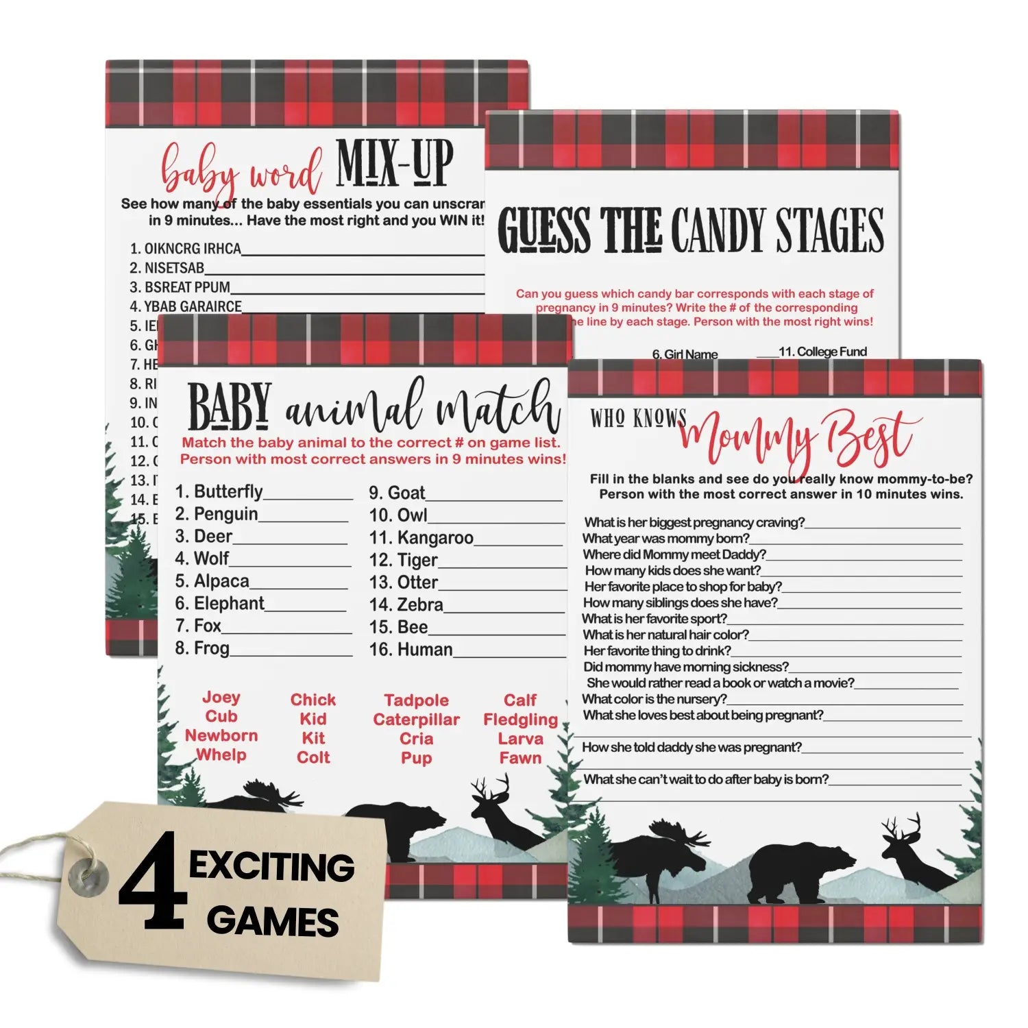 Log cabin laughs” - lumberjack baby shower game set 5x7 double-sided cards (25 ct) - party games
