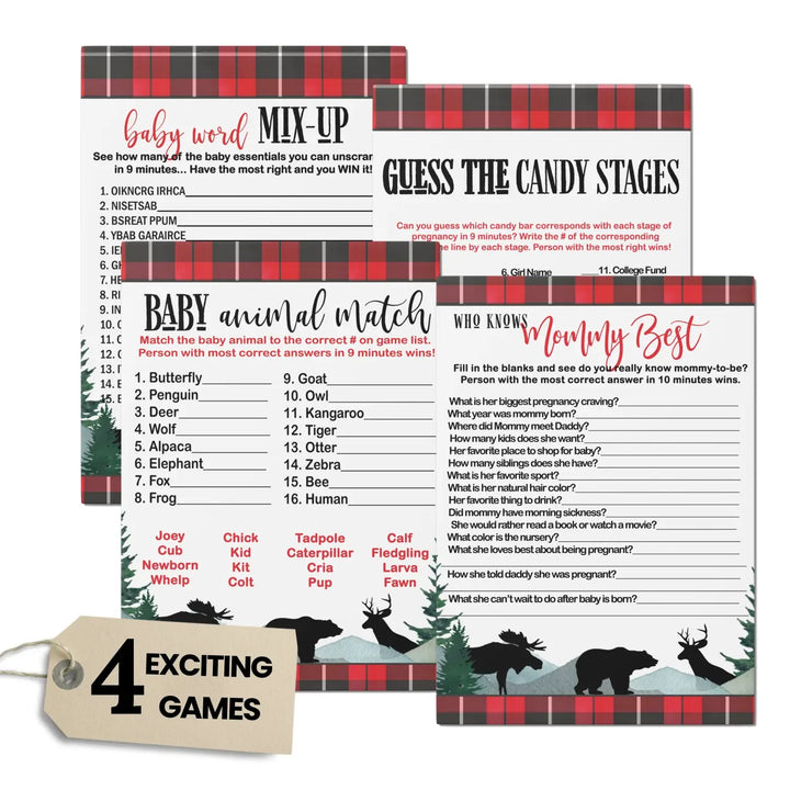 Log Cabin Laughs” - Lumberjack Baby Shower Game Set, 5x7 Double-Sided Cards (25 ct)