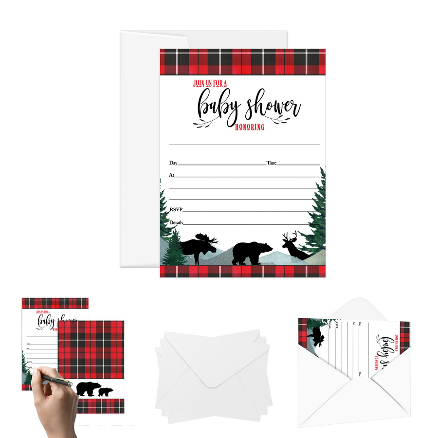 Lumberjack Baby Shower Invitations with Envelopes, 25 Pack, Red and Black, 5x7 Blank Cards for Boys - Paper Clever Party