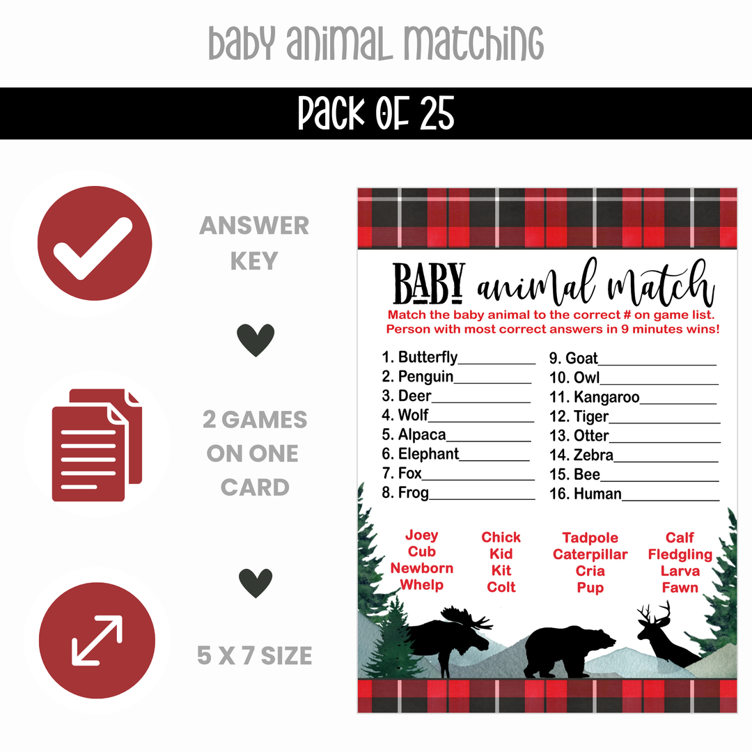 Lumberjack Baby Shower Game Set, Animal Matching and Candy Bar Guessing, Rustic Red & Black - Paper Clever Party