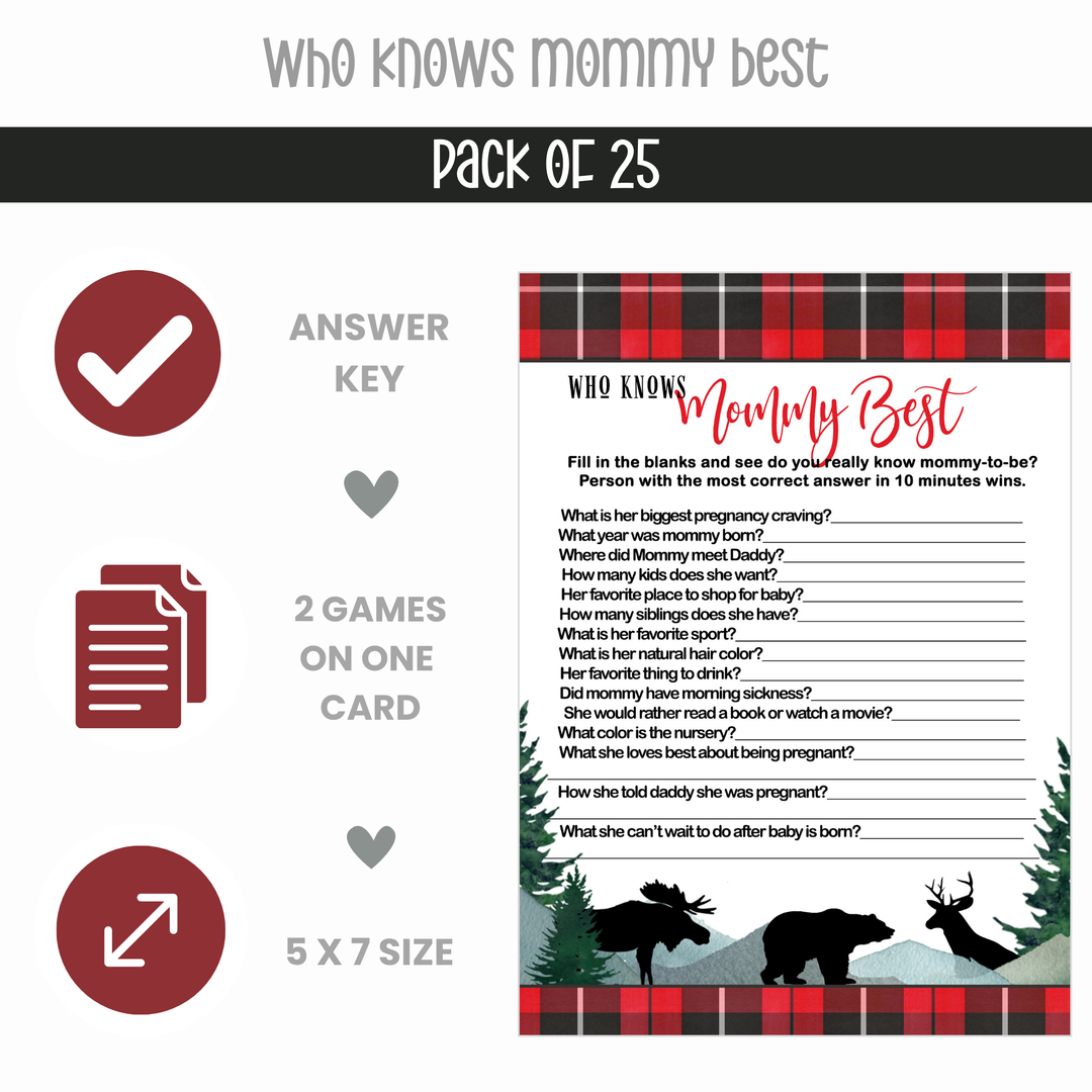 Lumberjack Baby Shower Game Set, Mommy Best and Word Scramble, Rustic Red & Black - Paper Clever Party