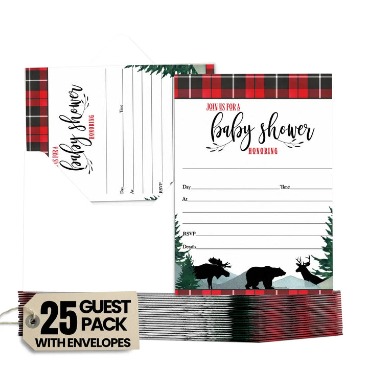 Lumberjack Baby Shower Invitations with Envelopes, 25 Pack, Red and Black, 5x7 Blank Cards for Boys