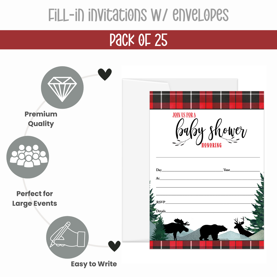 Lumberjack Baby Shower Invitations with Envelopes, 25 Pack, Red and Black, 5x7 Blank Cards for Boys - Paper Clever Party