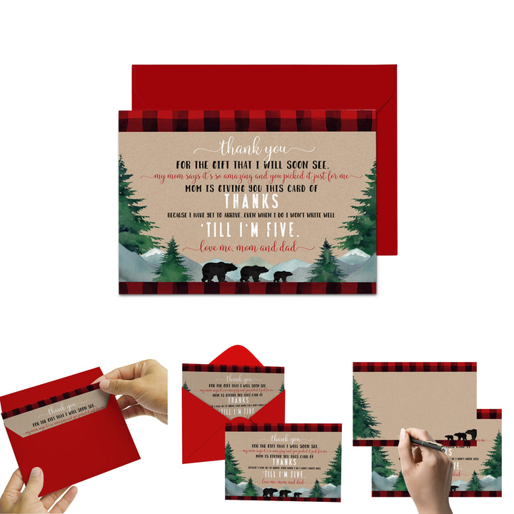 Lumberjack Boys Baby Shower Thank You Cards - Rustic (15 Pack) with Red Envelopes, 4x6 - Paper Clever Party