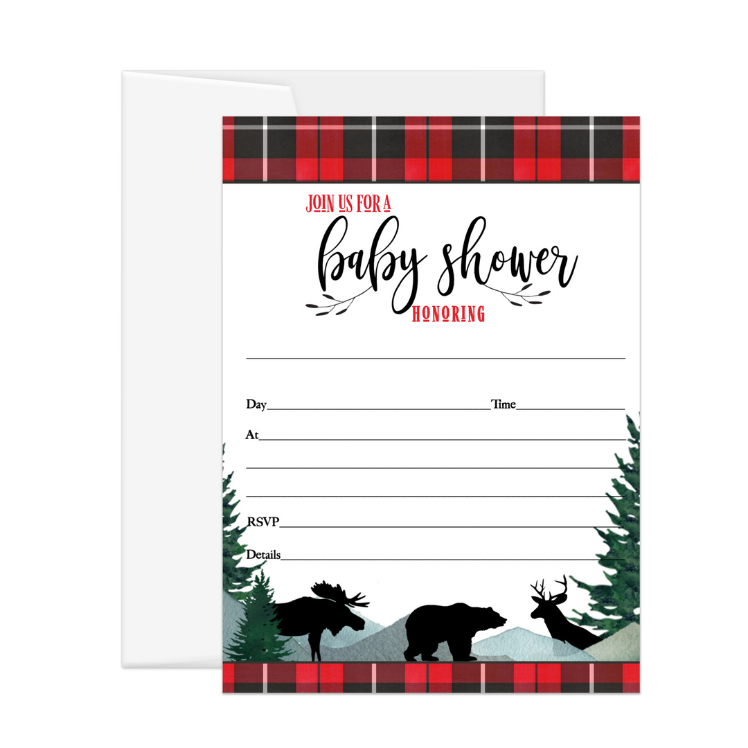 Lumberjack Baby Shower Invitations with Envelopes, 25 Pack, Red and Black, 5x7 Blank Cards for Boys - Paper Clever Party