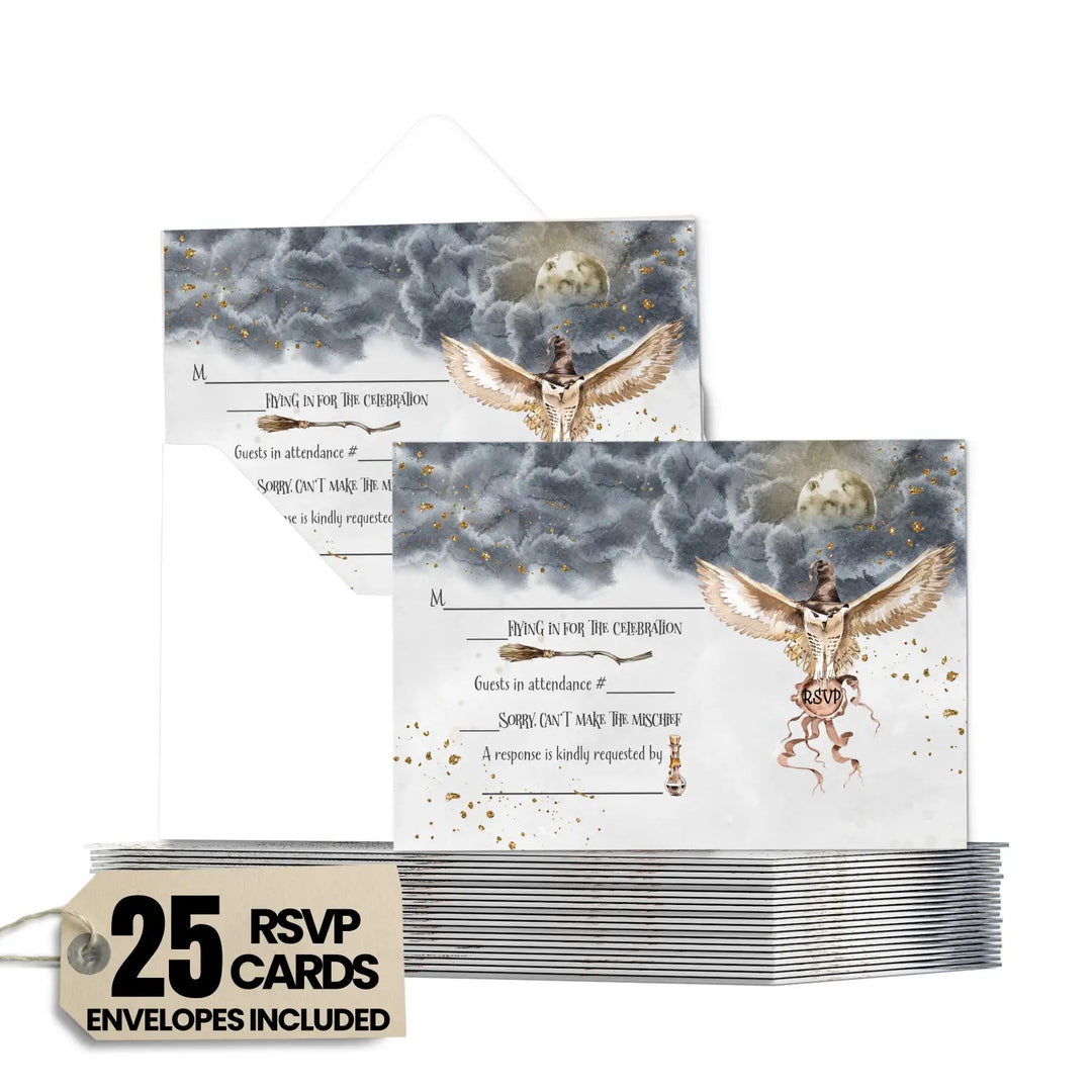 Magical Black Gold Owl RSVP Cards - Enchanted Wedding Response Set, 3.5x5, Envelopes Included, 25 Pack